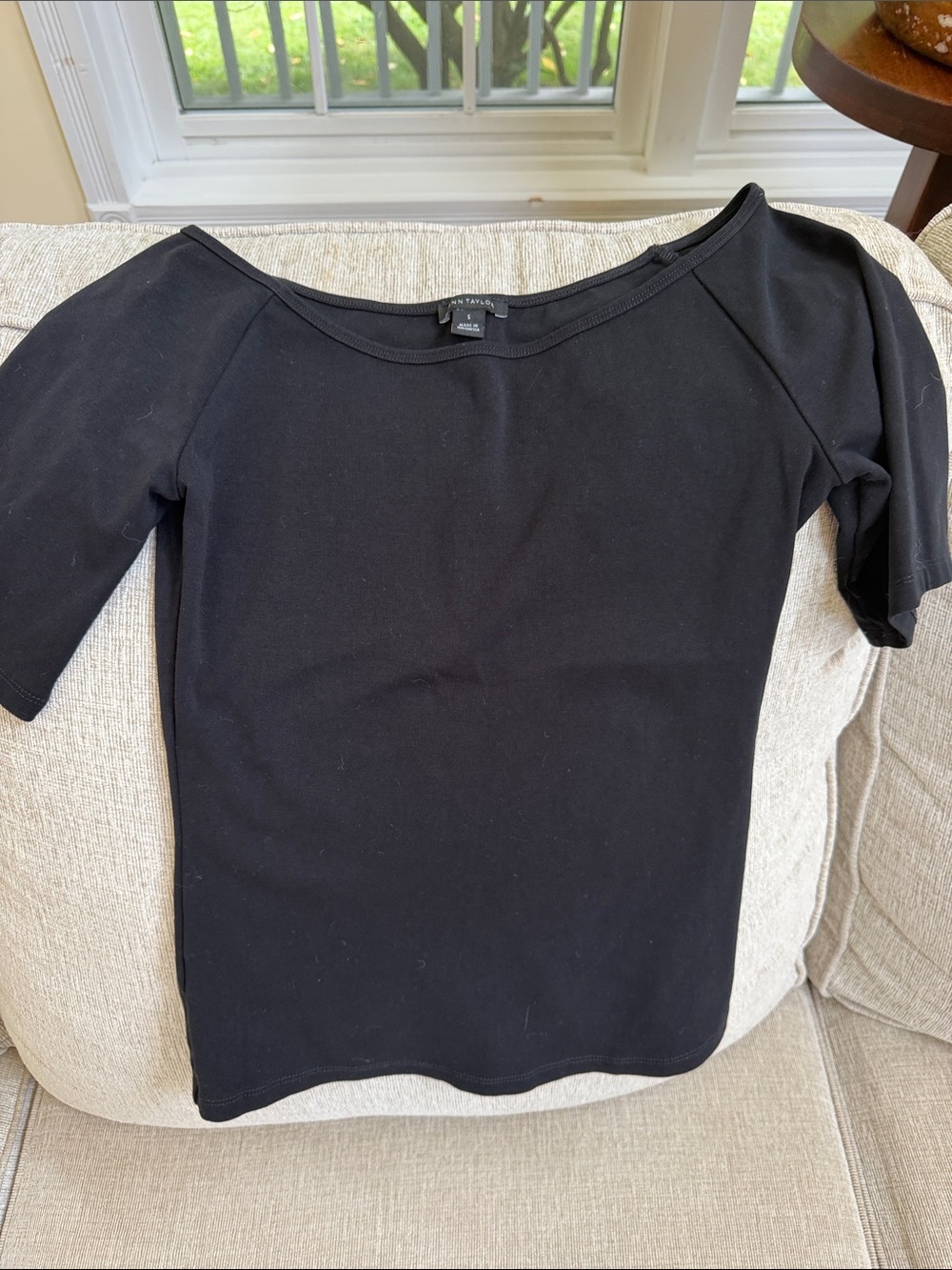2 Ann Taylor Black Boatneck Elbow-Sleeve Tops one white one black